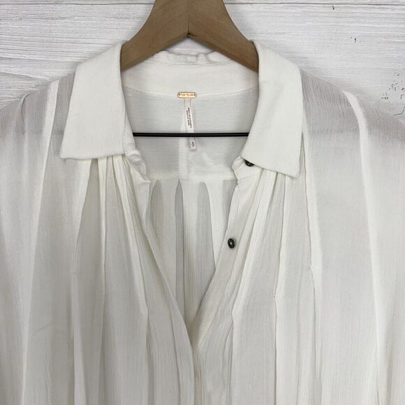 Free People OVERSIZED Tunic Top Blouse Small Ivory Flowy Button Down Long Sleeve - Picture 2 of 12